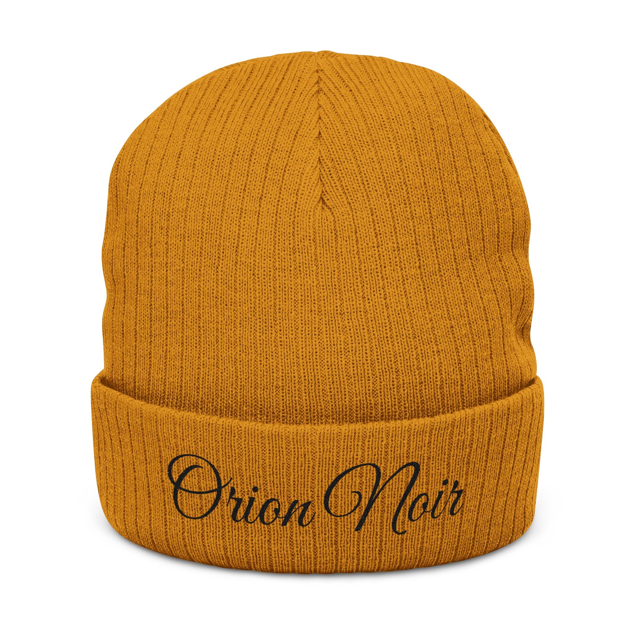 Embroidered Ribbed Knit Beanie — "Orion Noir" Cuffed Winter Hat